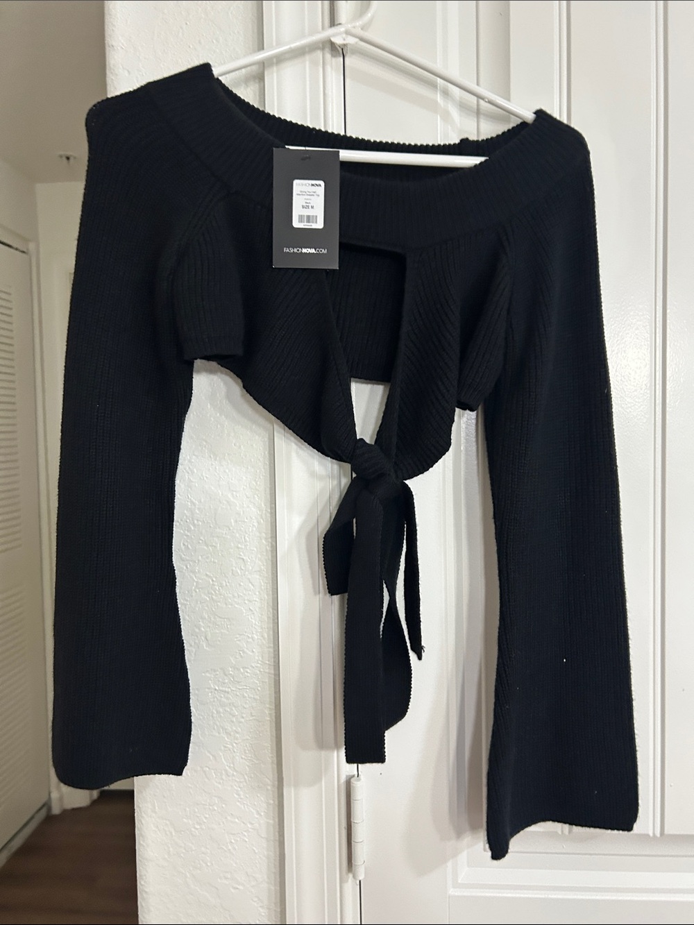 Fashion Nova Black Off-Shoulder Tie-Front Sweater
